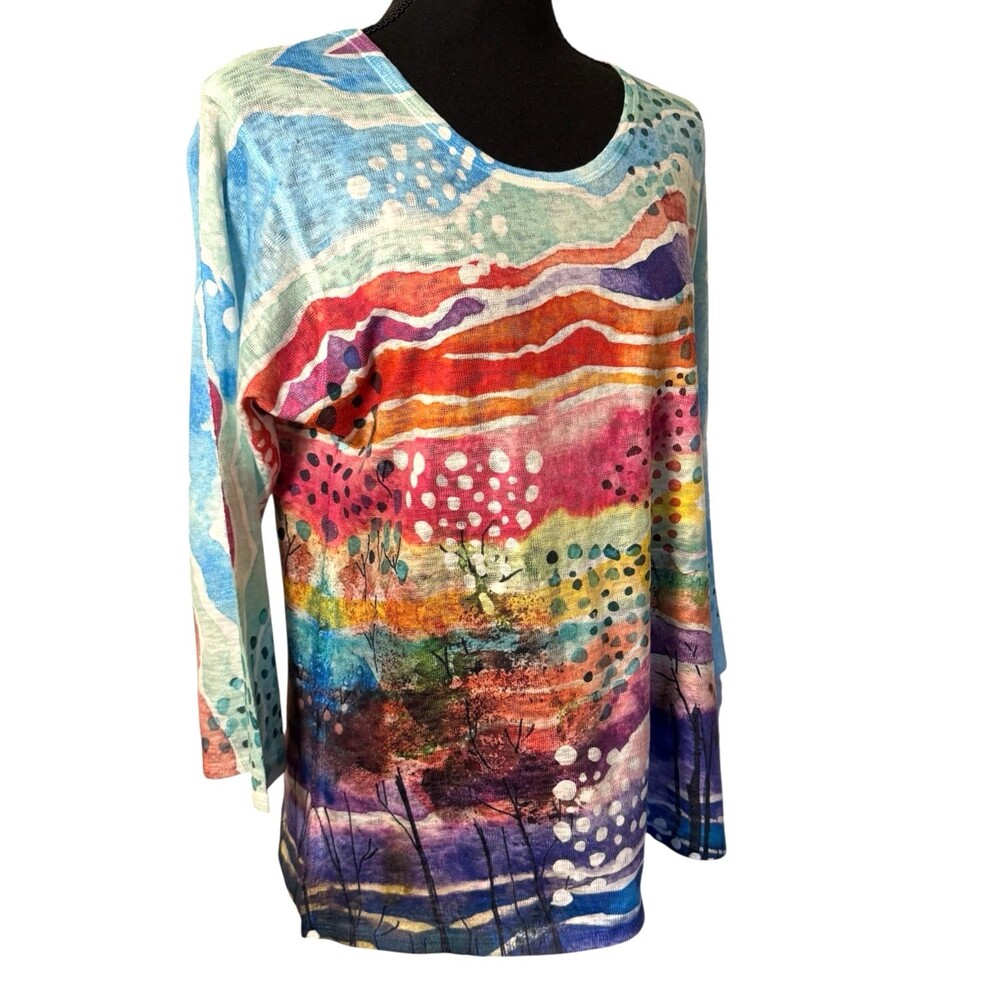 Et Lois Blouse Art To Wear Colorful 3/4 Sleeve Abstract Top Medium Made in USA